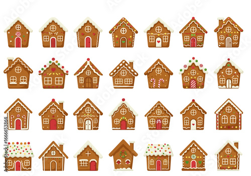 Illustration of twentyfour gingerbread houses each uniquely decorated with icing and candies