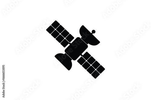 A black silhouette of a satellite in space with solar panels and antenna