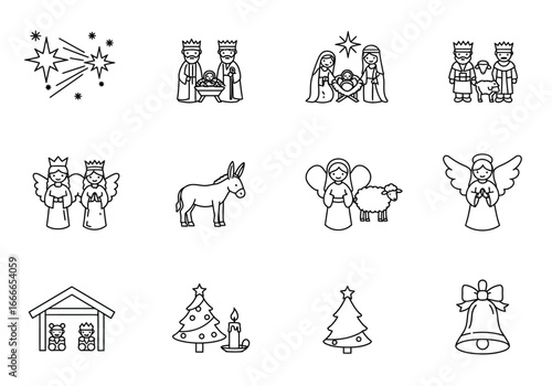 Line drawing of a nativity scene with angels star Christmas tree sheep bell bear donkey and 3 wise men