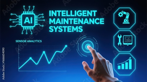 A futuristic interface labeled intelligent maintenance systems with ai chip and holographic analytics icons, advanced industrial predictive maintenance