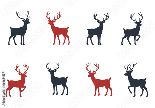 Silhouette of eight deer in red and black on a white background