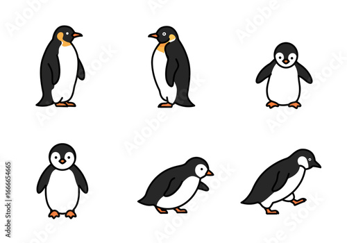 Six cartoon penguins are arranged on a white background some standing and some walking