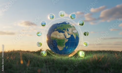 Earth globe surrounded by renewable energy icons on grass under a sunny sky