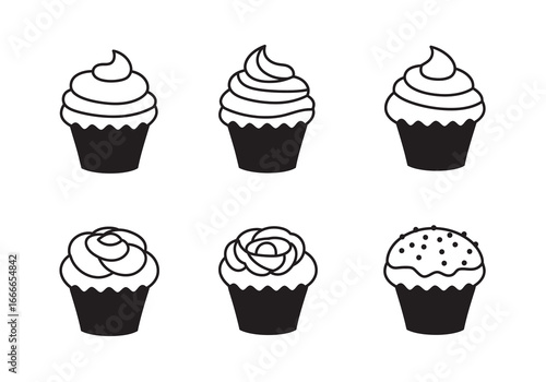 Six cupcake illustrations three top three bottom various frosting styles all with black liner and wrapper set on white