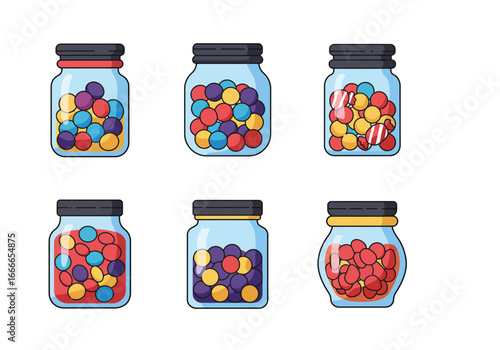 Six glass jars filled with colorful candies each jar with a distinct color mix and arrangement