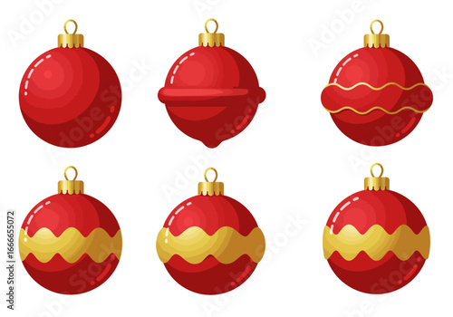 Six red Christmas ornaments with gold toppers some with wavy gold stripes or unique shapes arranged on a white background