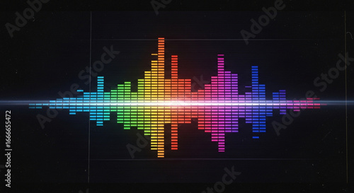 Vibrant equalizer bars pulse with a rainbow spectrum, reflecting dynamic sound waves on a dark, futuristic background