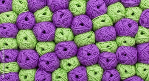 organized balls of purple and green yarn, background pattern, knitting and crafting graphic