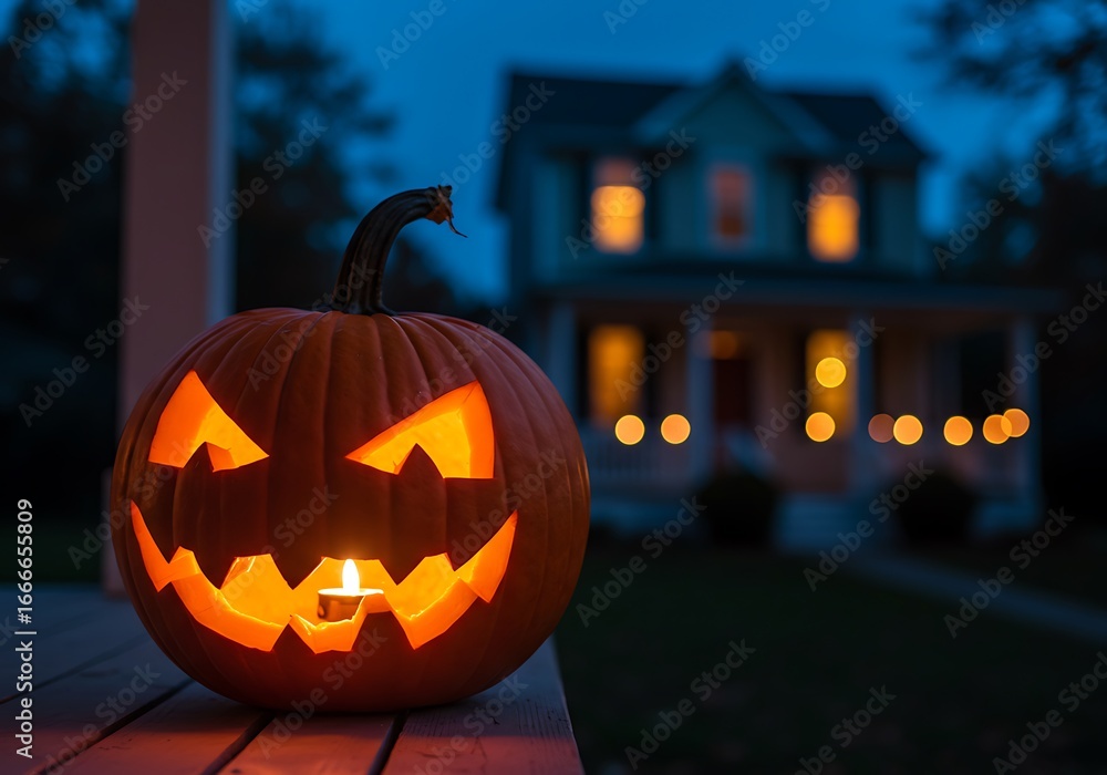 Fototapeta premium Scary jackolantern glowing on a porch at night