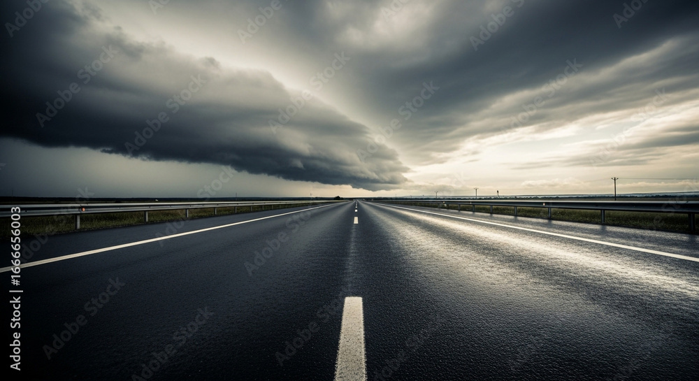 Fototapeta premium Dramatic highway stretches toward approaching storm clouds creating a sense of journey and anticipation