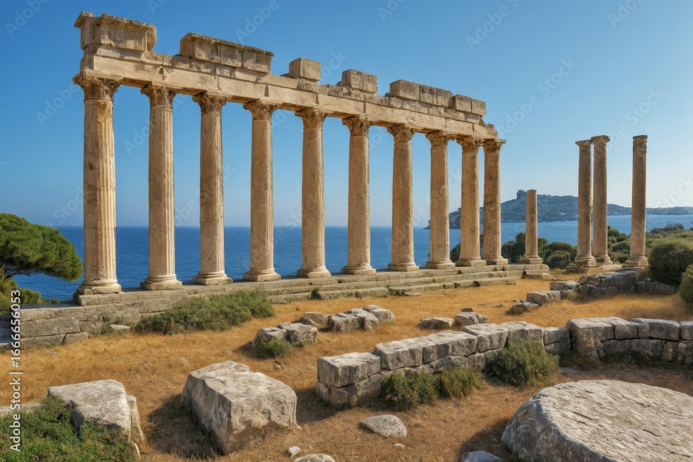Fototapeta premium Antike Ruinen mit Säulen vor mediterraner Küstenlandschaft – historische Ausgrabungsstätte mit Blick auf das Meer, umgeben von Zypressen und Natur