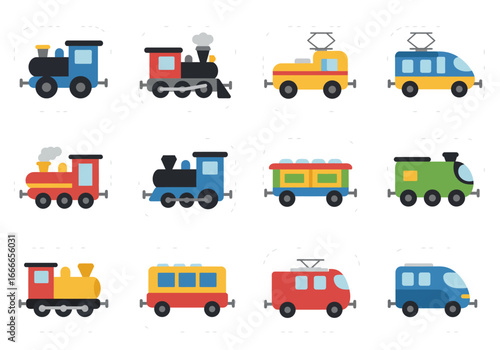Twelve stylized cartoon trains of different shapes  colors arranged in four rows of three