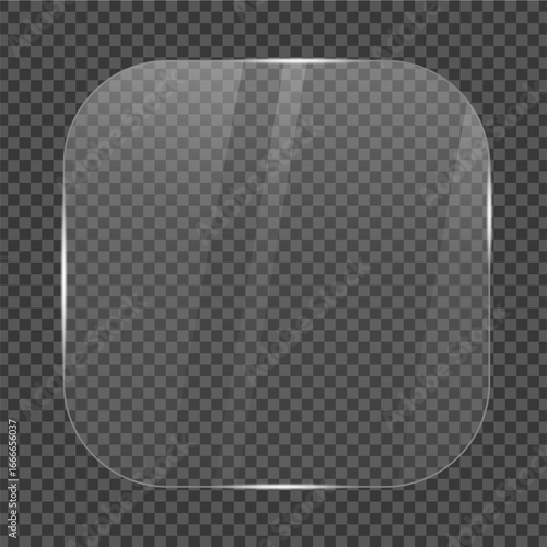 Rounded square glass plate with transparent surface, shiny edges and diagonal reflections
