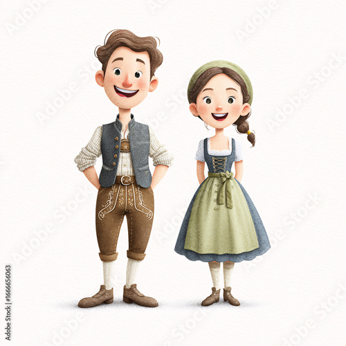 A playful cartoon couple dressed in traditional Oktoberfest attire, perfect for festive t-shirts and fun holiday designs.