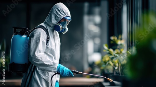 A masked professional in protective gear sprays pesticide in a modern indoor environment, highlighting safety measures in pest control.
