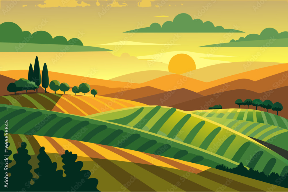 Obraz premium Rolling hills and fields at sunset with a warm golden sky