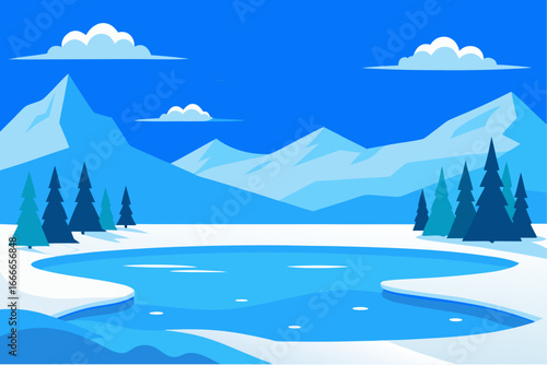 Stylized winter landscape with snowy mountains and frozen lake