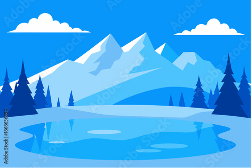Stylized winter mountain landscape with frozen lake and pine trees