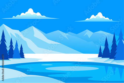 Stylized winter landscape with snowy mountains and frozen lake