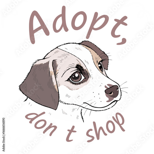 Cute puppy face with adopt don't shop text and decorative swirls animal