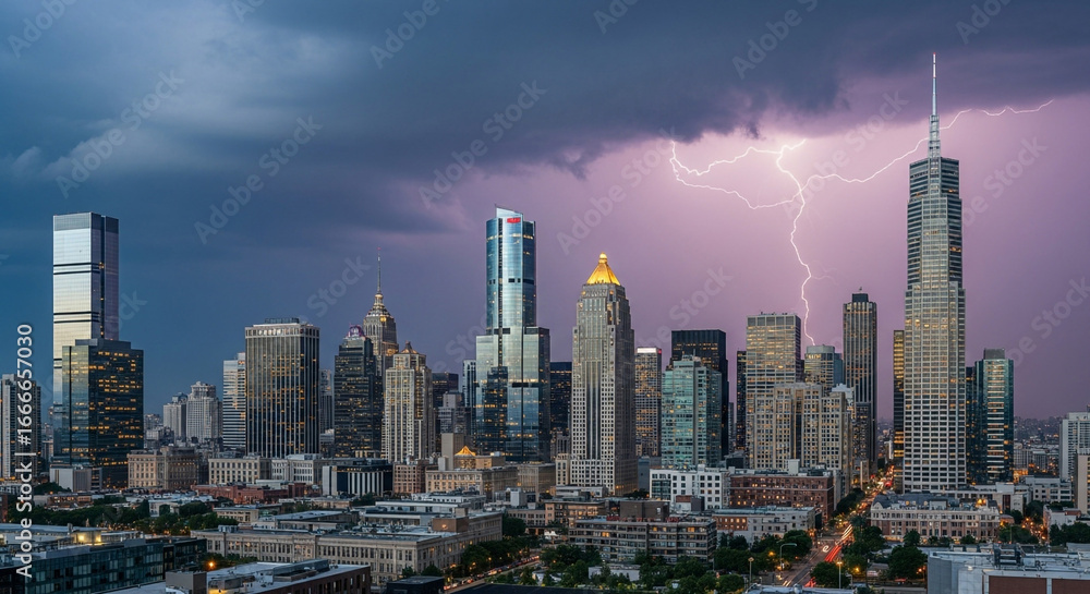 Obraz premium Dramatic city skyline illuminated by powerful lightning strike during a vibrant thunderstorm, capturing urban power and nature's fury.