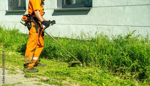 Professional landscaper in orange safety gear meticulously cutting overgrown tall grass with a powerful string trimmer during yard maintenance