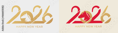 Happy Chinese new year 2026. Chinese zodiac horse template cards design with gold and red accents.