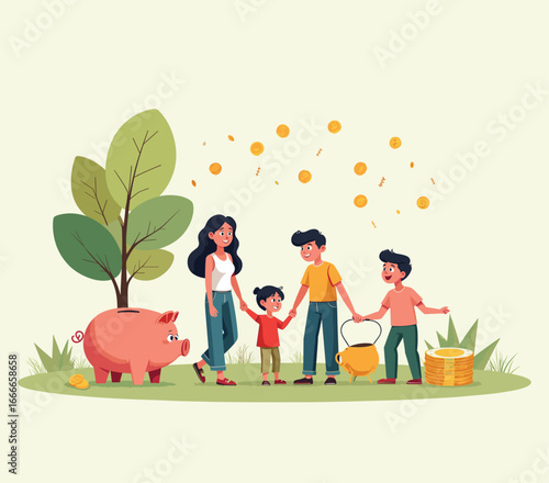 Family and Finances: A close-knit family joyfully celebrates their financial planning, with the cheerful image of a piggy bank symbolizing growth, savings.