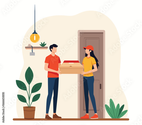 Pizza Delivery Interaction: A cheerful scene capturing the fast-paced delivery of pizza. A delivery person interacts with the recipient, creating a warm scene and a sense of anticipation.