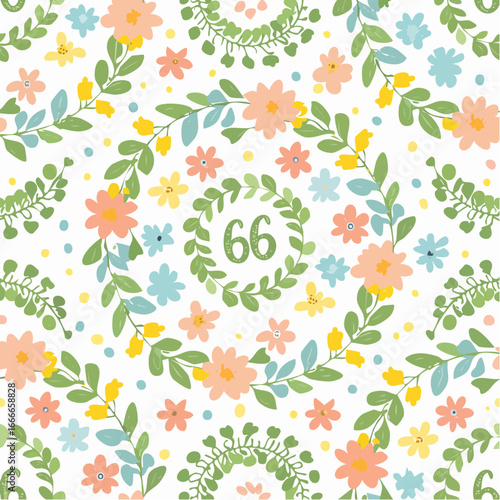 Floral 66th Birthday Pattern Pretty Pastel Flowers and Green Leaves Design