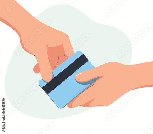 Credit Card Transaction: A simplified illustration showcasing the exchange of a credit card between two hands, highlighting a seamless transaction, ready for digital or print applications.