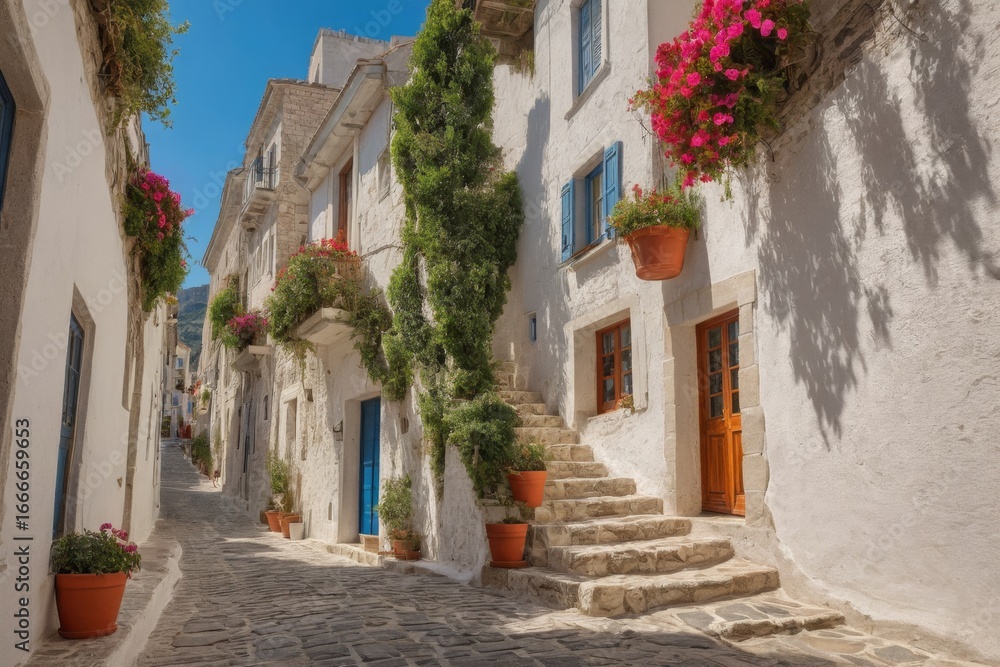 Fototapeta premium Romantische Altstadtgasse bei Sonnenuntergang mit Blick auf antike Ruinen – enge Gasse mit Kopfsteinpflaster, weißen Häusern und herbstlicher Dekoration in warmem Licht