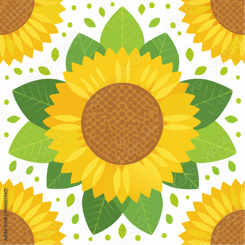 Vibrant Sunflower Pattern with Green Leaves, a Cheerful and Sunny Floral Design