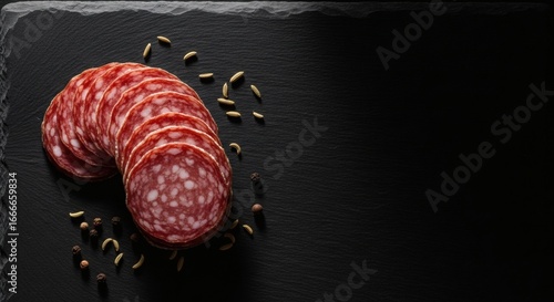 Gourmet Charcuterie Flat Lay of Sliced Salami with Peppercorns