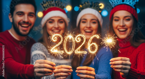 A happy family in Santa hats holds up sparkling numbers for the year 2026 a perfect heartwarming image for a festive New Year's Eve celebration at home