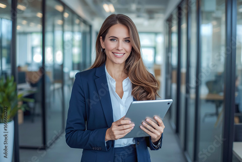 Business woman holding and using digital tablet in hand and looking with smile face in professional corporate company leader portrait in modern tech office workplace blur background
