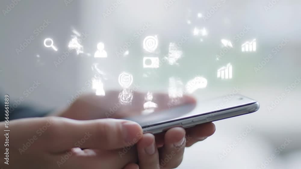 Hands Holding Smartphone with Glowing Digital Icons Against Soft White Background Hands Holding Smartphone with Glowing Digital Icons Against Soft White Background