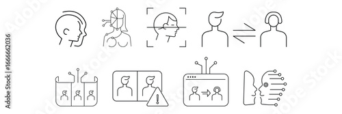 Deepfake, face recognition, AI detection, identity verification, digital security, biometric technology, artificial intelligence, cyber safety icons vector illustration.