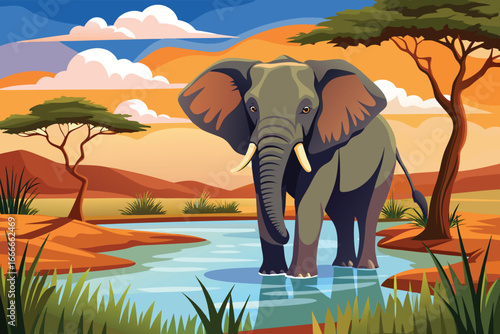 A vibrant illustration depicts an elephant standing in a tranquil waterhole in an African savanna at sunset.