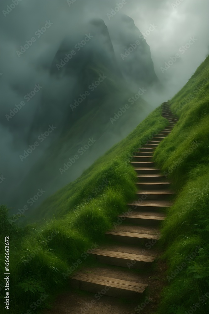 Misty Mountain Trail with Lush Green Grass, Wooden Steps, and Atmospheric Fog Misty Mountain Trail with Lush Green Grass, Wooden Steps, and Atmospheric Fog
