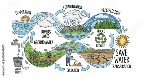 A hand-drawn educational diagram illustrating the Earth's water cycle, including evaporation, precipitation, and conservation.