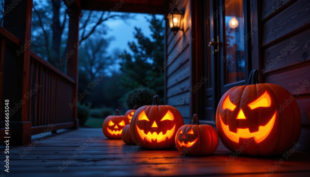 Obraz premium Glowing Jack-o-Lantern Pumpkins on Wooden Porch Halloween Celebration Evening Atmosphere Outdoor View