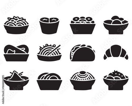Black and white silhouette collection of various food dishes including noodle bowls taco sushi and pastries perfect for restaurant menus and culinary designs