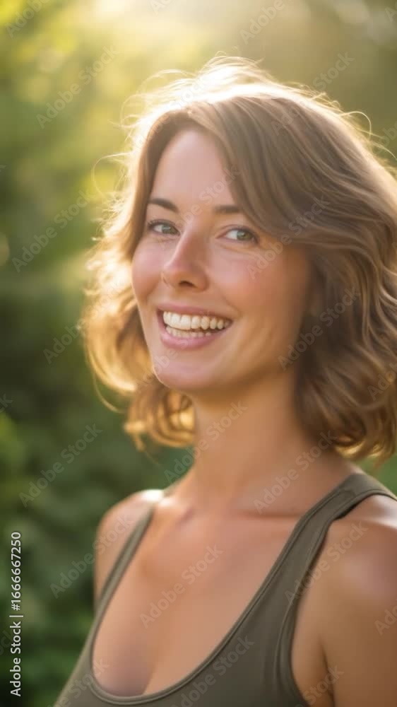 Smiling young woman portrait outdoors warm sunlight green background Smiling young woman portrait outdoors warm sunlight green background
