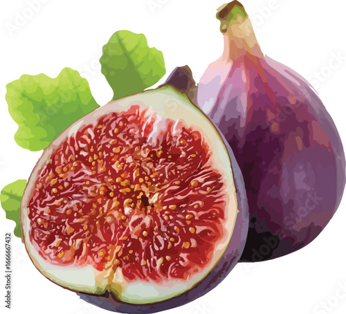 Ripe Figs Halved with Green Leaves Isolated White Background