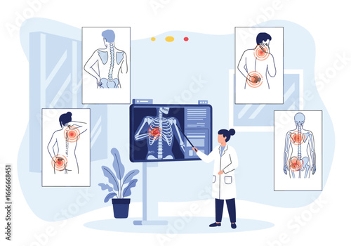 Doctor explains skeletal system pain with body illustrations and x ray