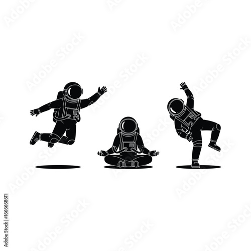 Astronauts in dynamic poses exploring space in a playful and artistic representation