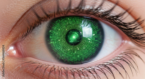 Future vision unfolds as digital data streams create a mesmerizing green galaxy within an observant human eye
