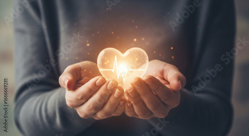 Nurturing a healthy heart with pulsing lifeline, glowing with hope and care in gentle hands