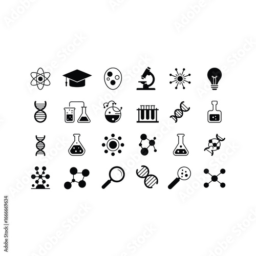 Diverse collection of science and medical icons featuring dna molecules microscopes and laboratory equipment